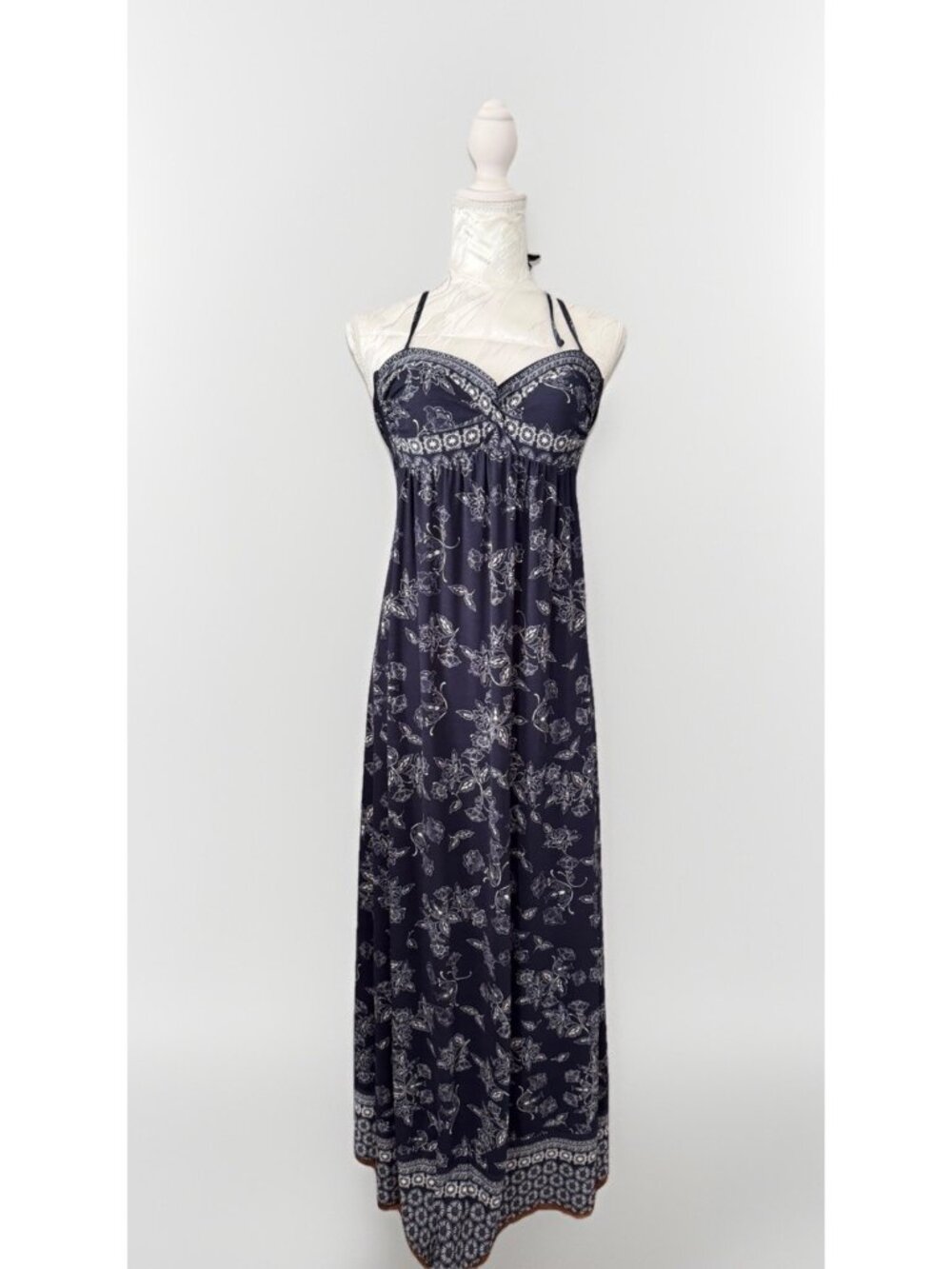 Robin Piconne Blue White Ikat Halter Top Maxi Dress M